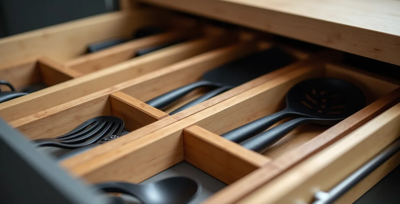 Close-up view of organized drawer system with custom dividers and full-extension slides