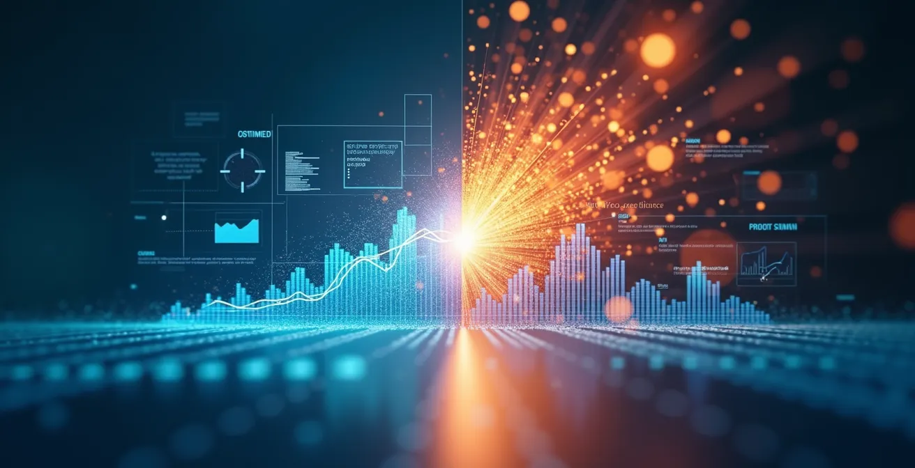 Split screen showing predictive analytics dashboard on left and creative AI generation on right