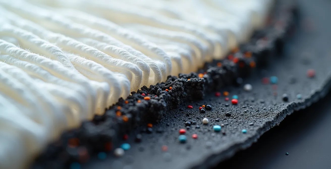 Extreme close-up of multi-layer air filter showing HEPA and activated carbon layers trapping particles