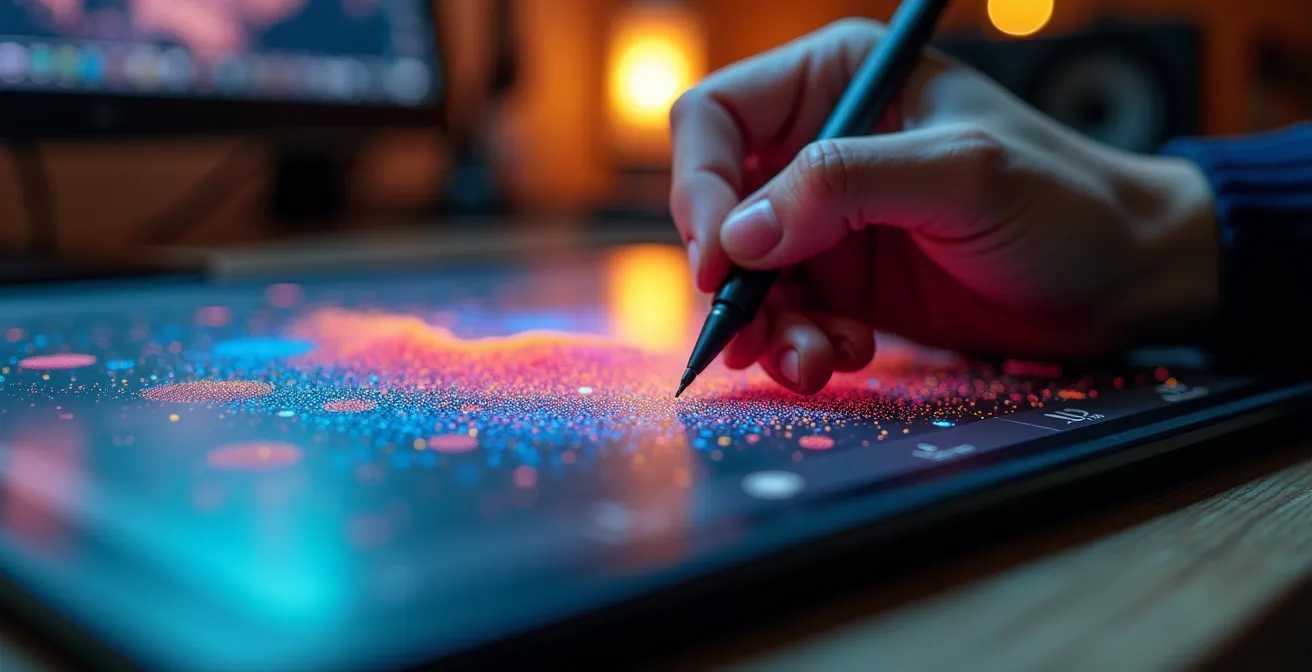 Artist and collector examining digital artwork details up close