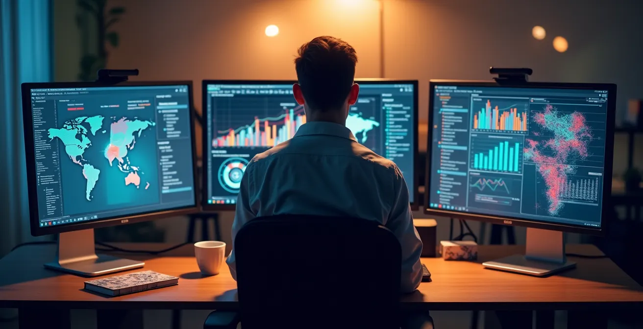 Marketing professional reviewing email analytics on multiple screens