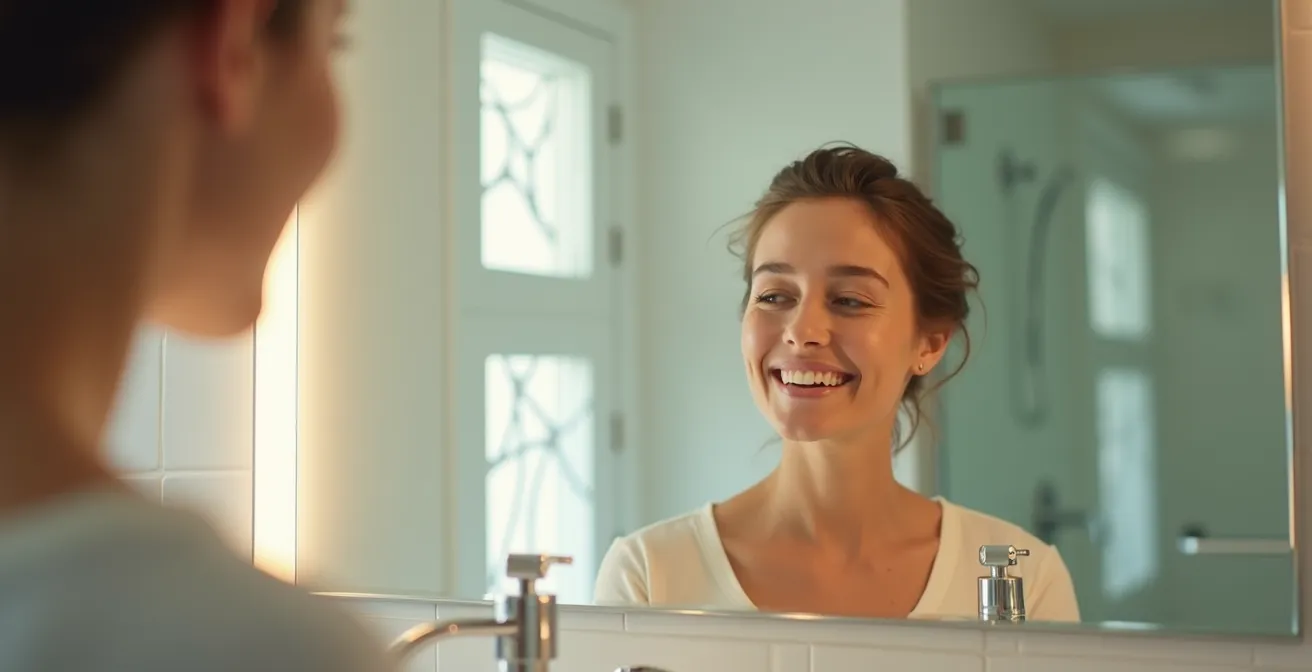 Windowless bathroom transformed with strategic lighting layers and reflective surfaces