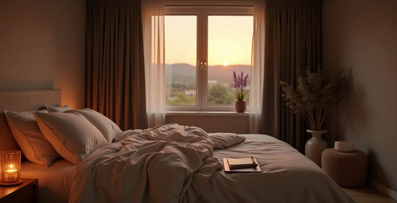 Serene bedroom setup optimized for cortisol reduction and sleep quality