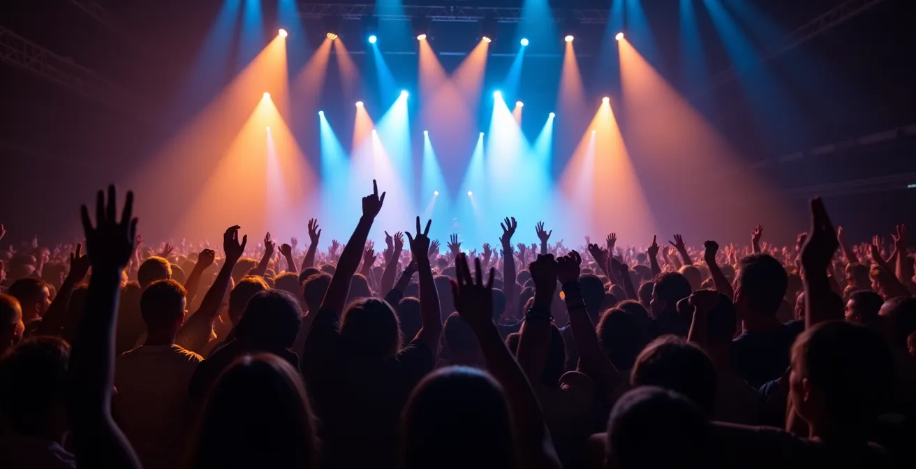 Wide aerial view of massive crowd with raised hands creating wave patterns under colorful stage lights