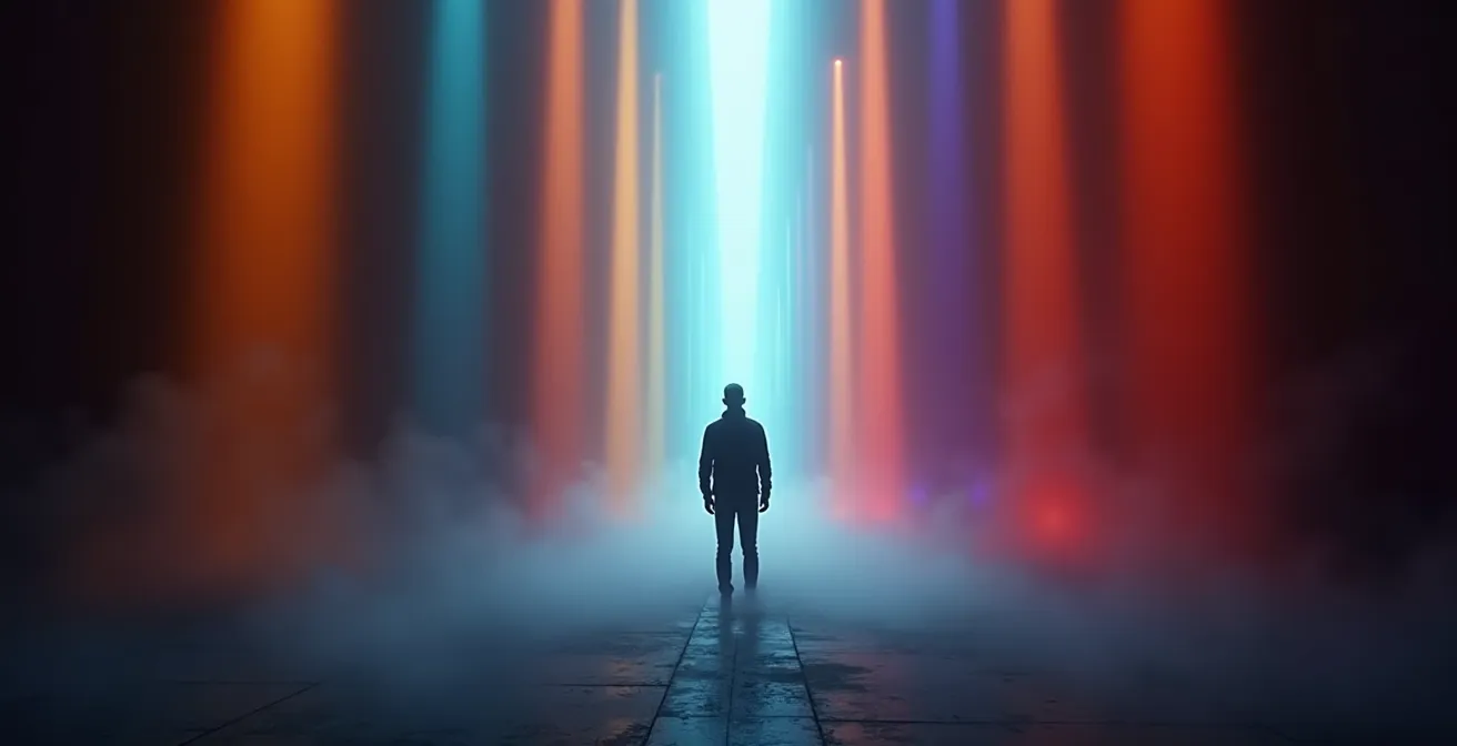 Person standing at intersection of multiple colorful light beams converging into narrow path