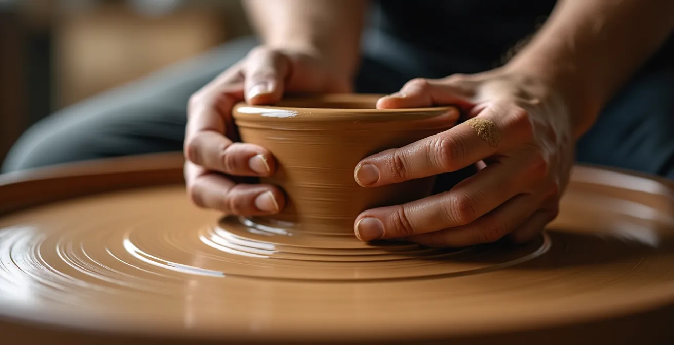 A visual metaphor showing hands carefully molding rough clay on a potter's wheel, symbolizing the transformation of negative feedback.