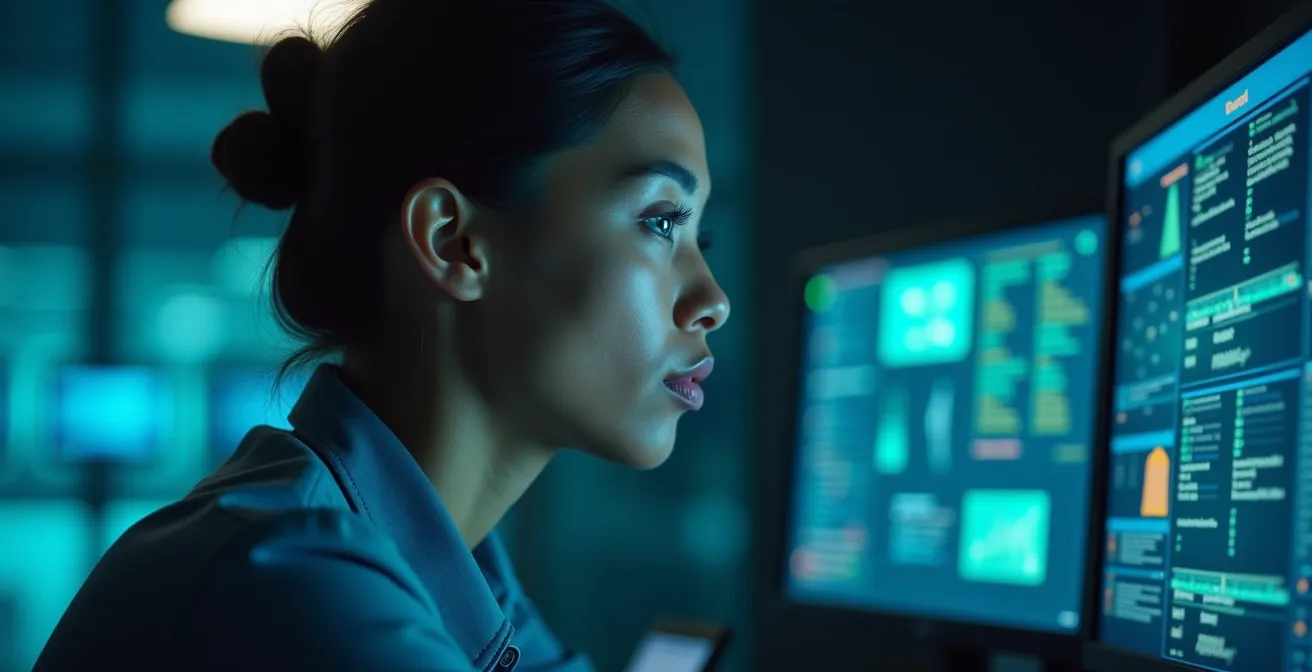 Cybersecurity expert analyzing threat patterns in a modern security operations center