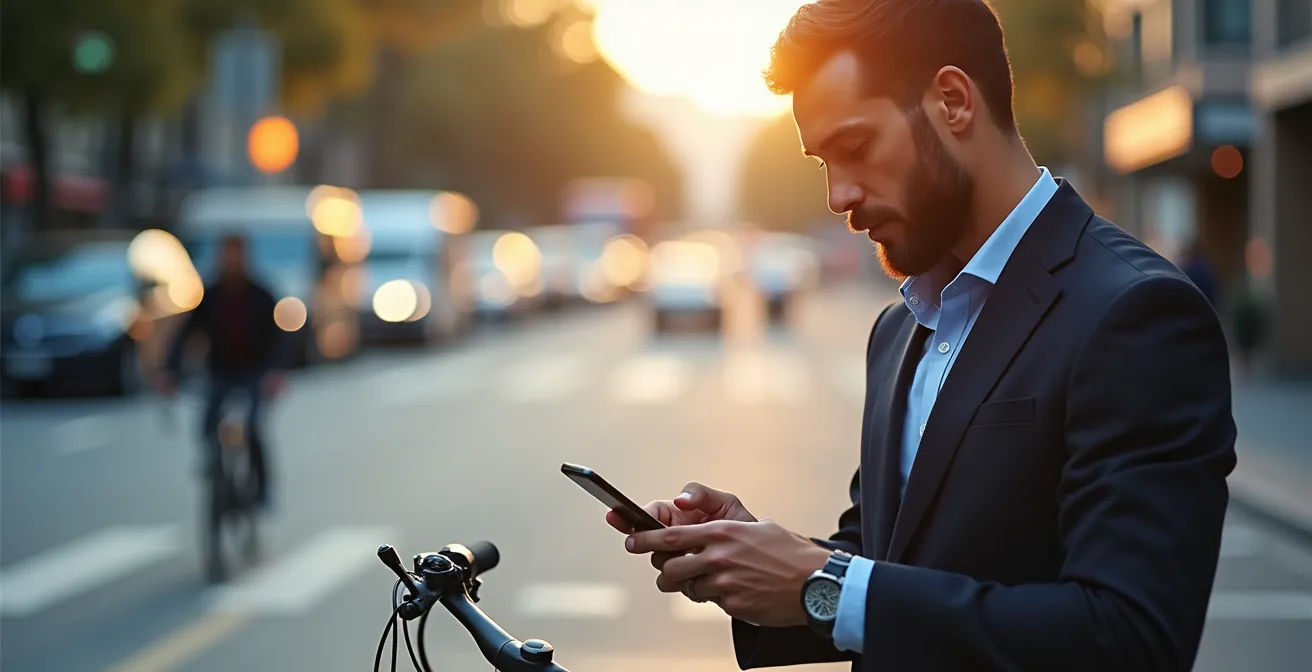 Cyclist consulting smartphone for available bike dock locations during morning commute