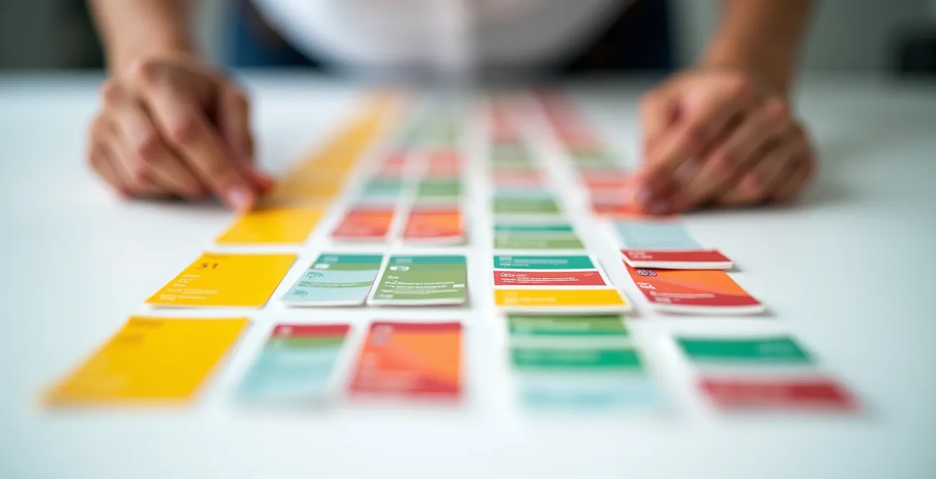 Close-up view of hands organizing colorful data cards on a clean workspace