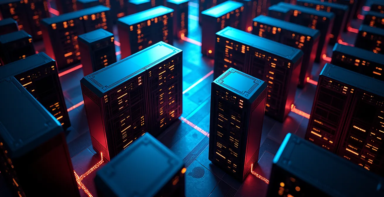 Abstract representation of data flowing through AI infrastructure layers