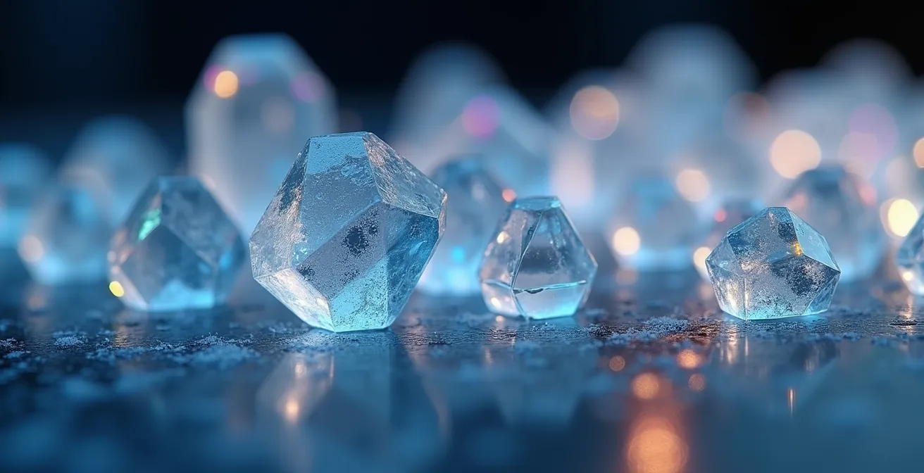 Macro shot of structured data crystals forming interconnected patterns