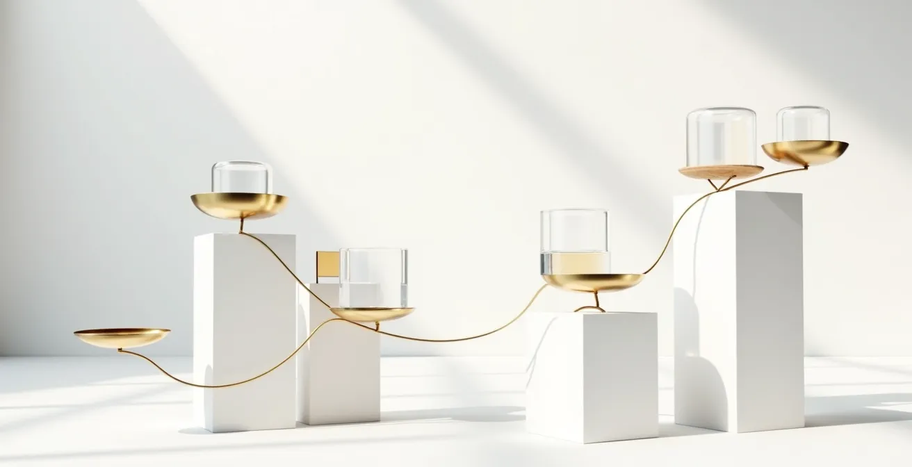 Multiple balance scales at different heights representing weighted decision criteria