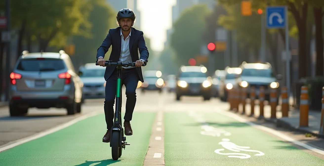 Protected micro-mobility lane with advanced safety infrastructure demonstrating defensive urban design for e-scooters