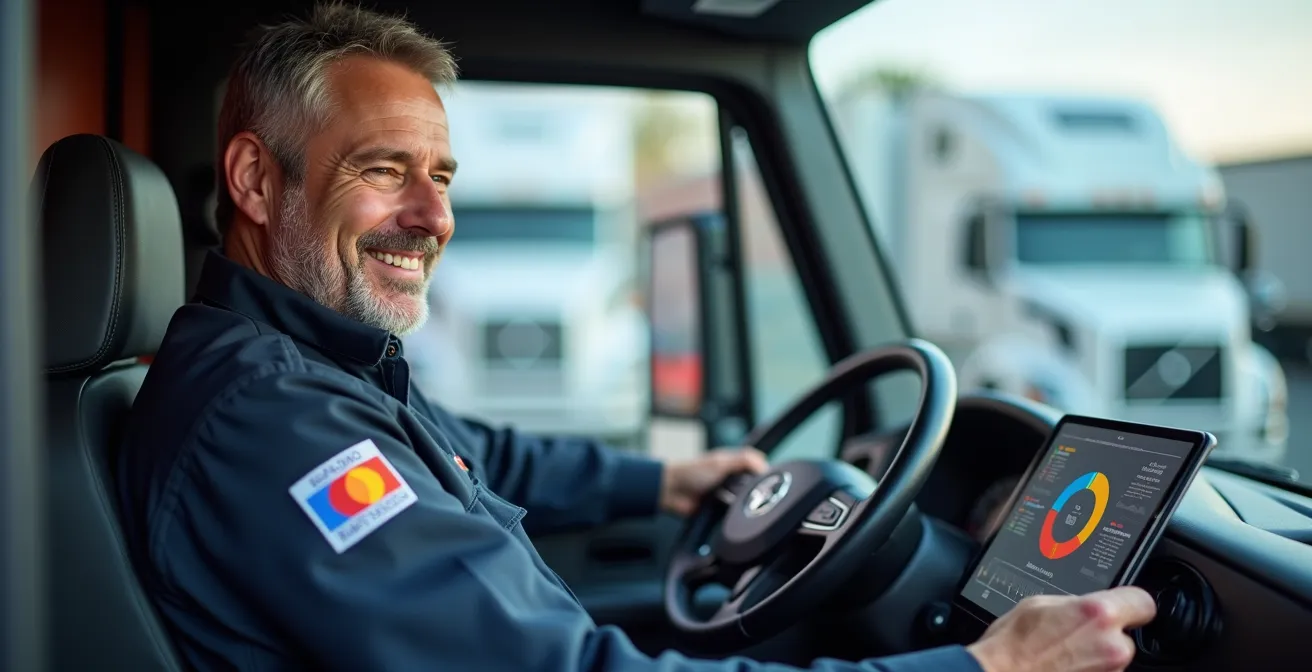 Professional truck driver reviewing personal performance metrics on tablet while standing beside modern fleet vehicle