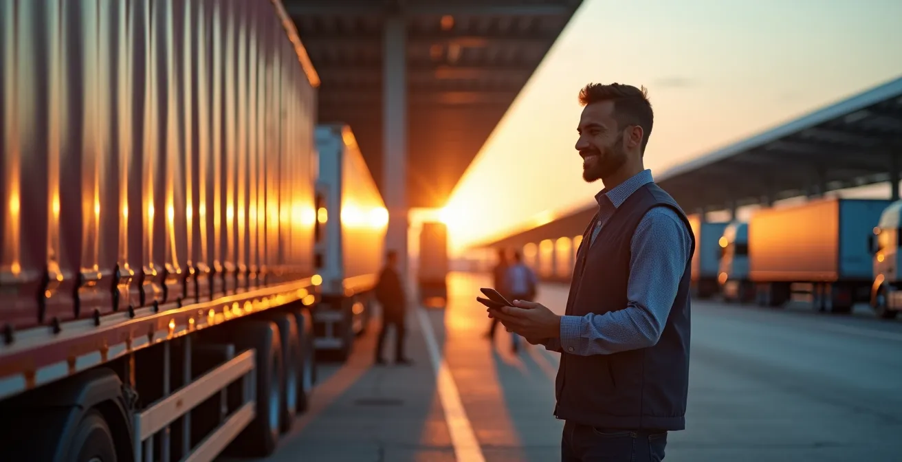 Modern logistics depot with electric trucks charging under a solar panel canopy at sunset.