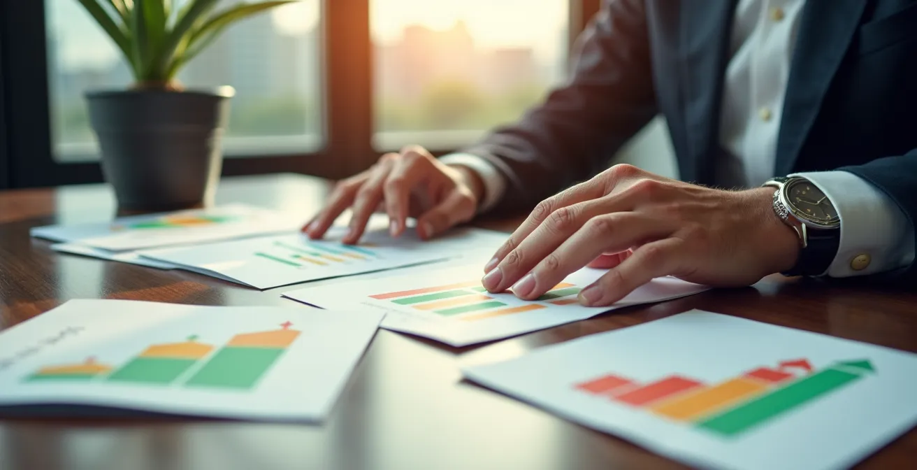 Aerial view of a clean desk with color-coded report cards arranged in a strategic pattern