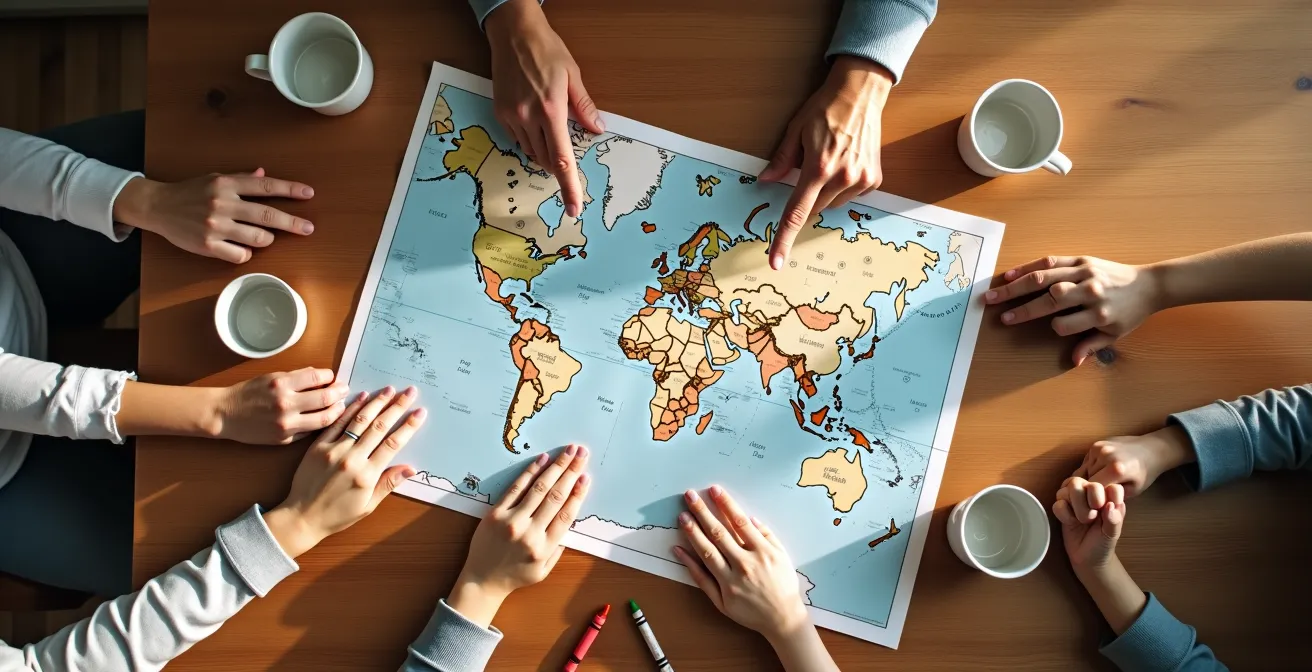 Overhead view of hands from multiple generations pointing at a travel map on a wooden table with coffee cups