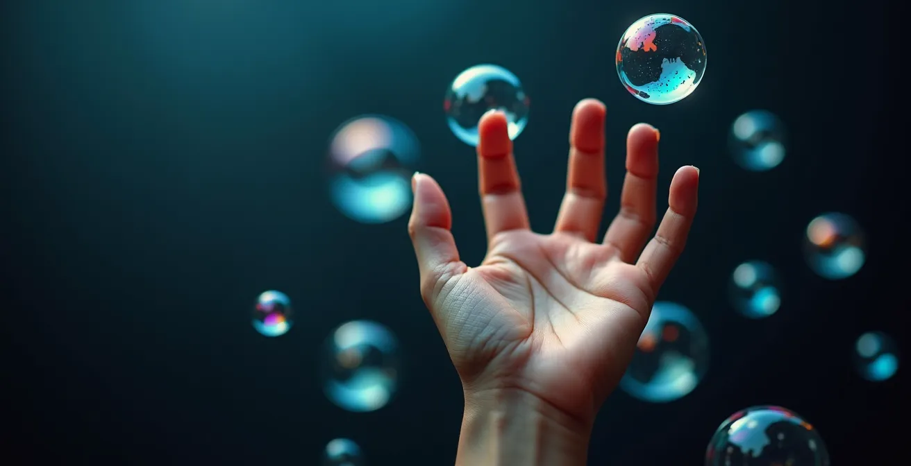 Close-up of hand reaching toward multiple floating notification bubbles in abstract space