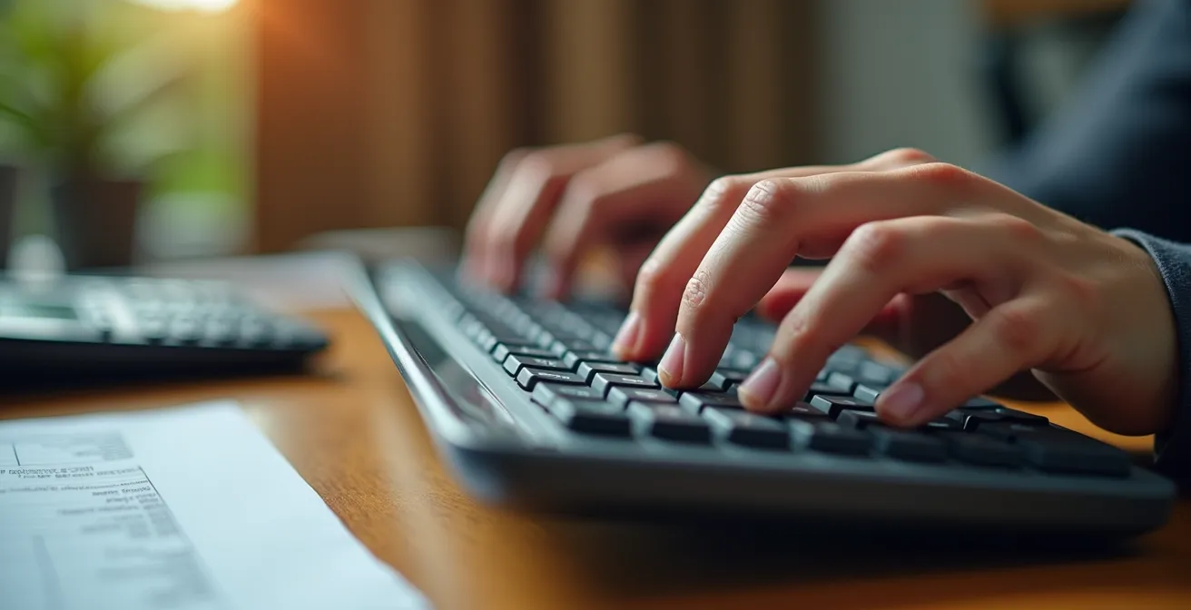 Macro shot of freelancer's workspace showing hands typing on keyboard with financial documents