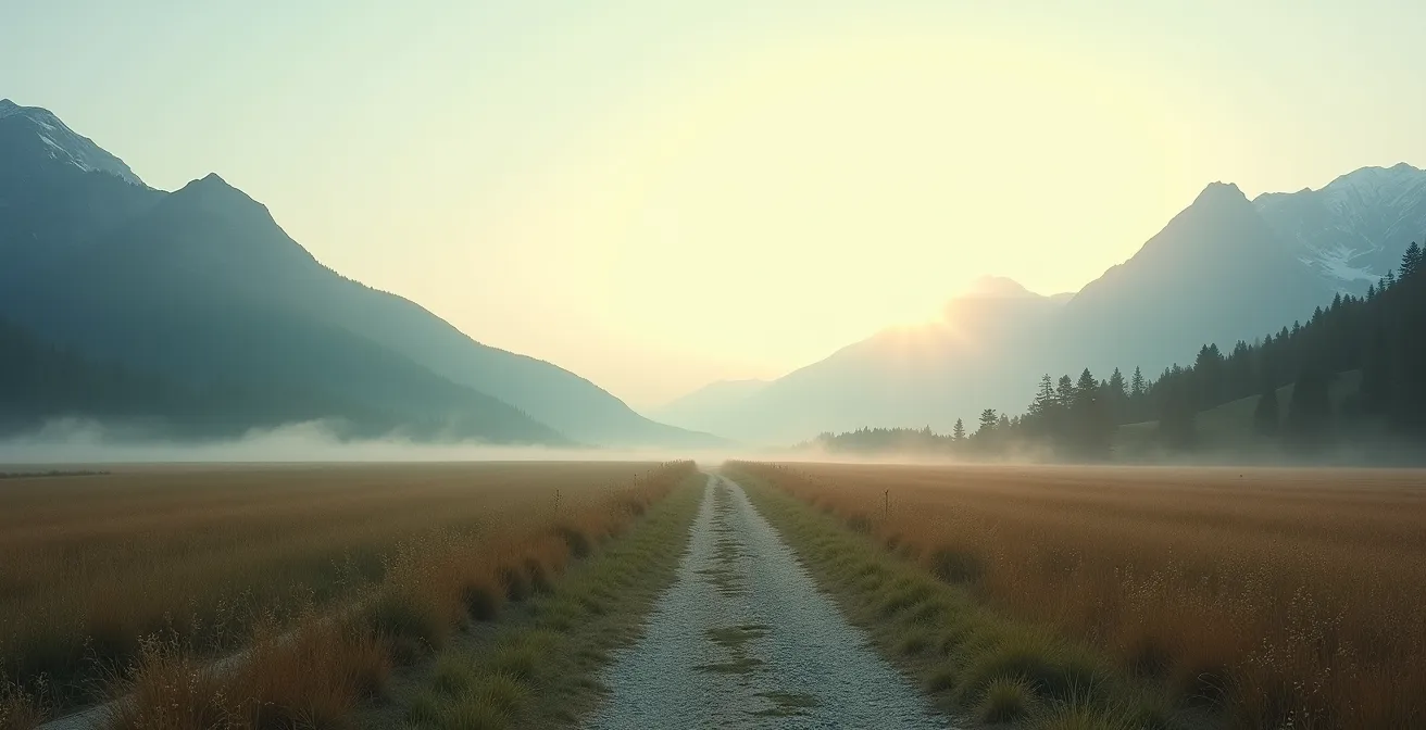 Wide landscape showing diverging paths through varied terrains