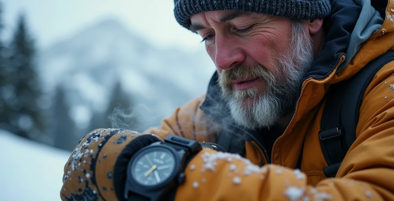 Hiker in winter conditions checking gear and supplies
