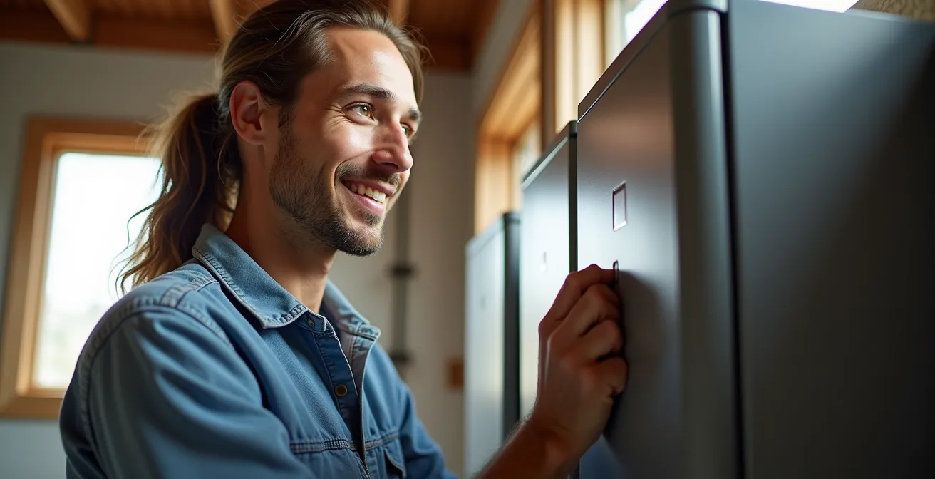Well-ventilated utility room showing proper battery installation with adequate clearance and airflow