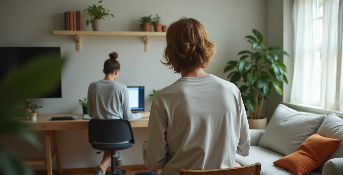 Minimalist home office with distinct work and rest areas separated by natural elements