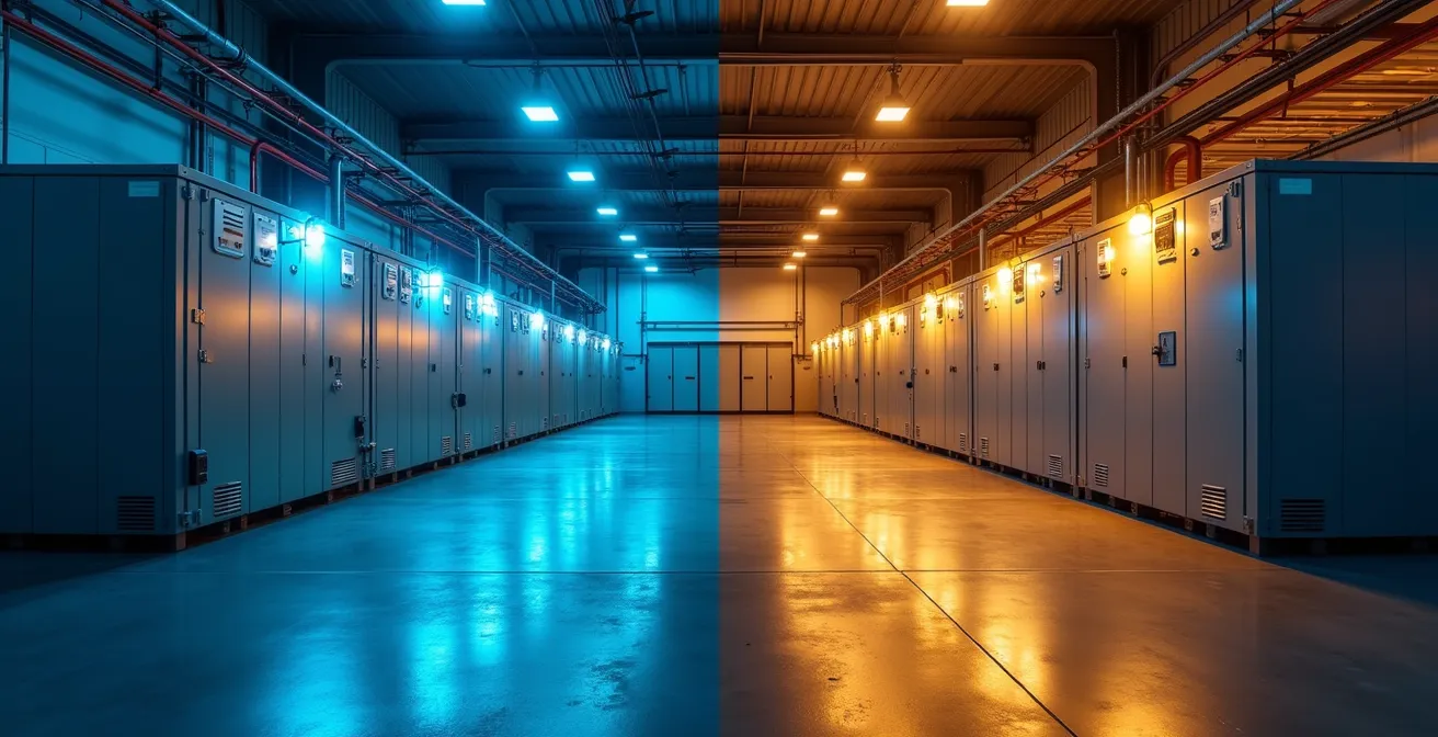 Interior view of an industrial battery storage facility showing rows of battery systems in a clean warehouse environment