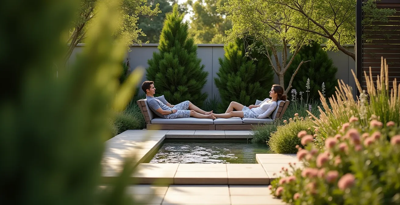 Multi-layered drought-tolerant plantings creating natural privacy screens