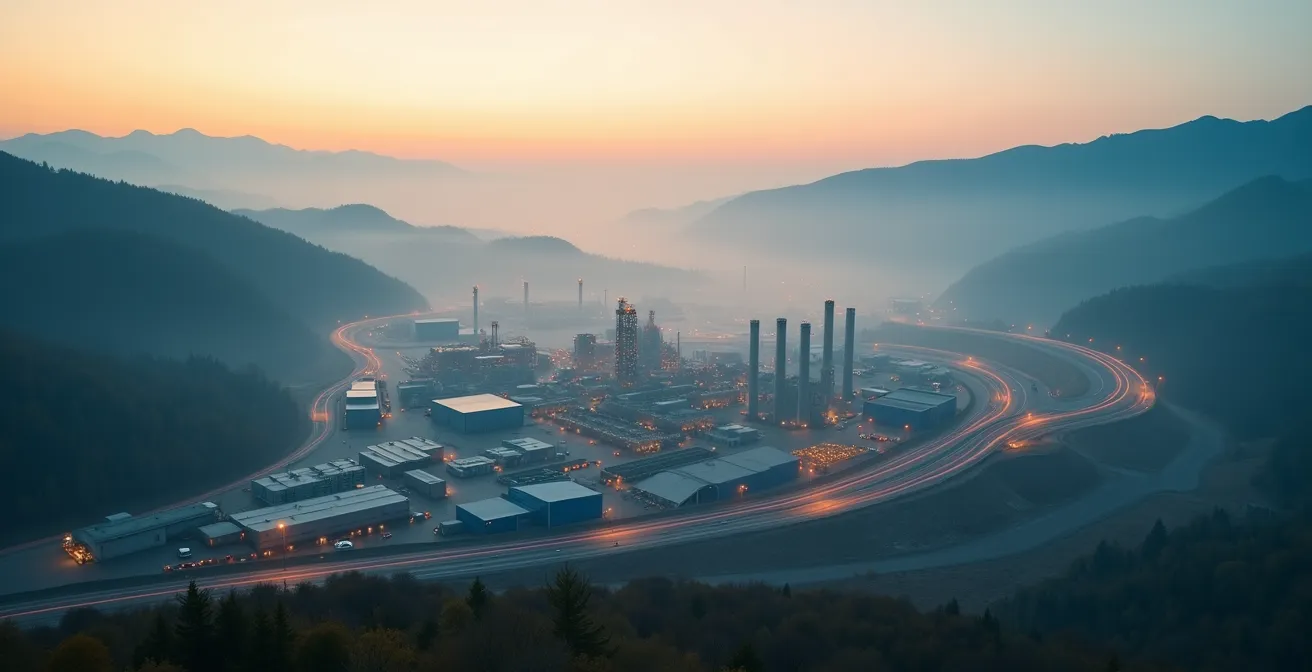 Aerial view of interconnected industrial facilities showing product lifecycle stages from extraction to recycling.