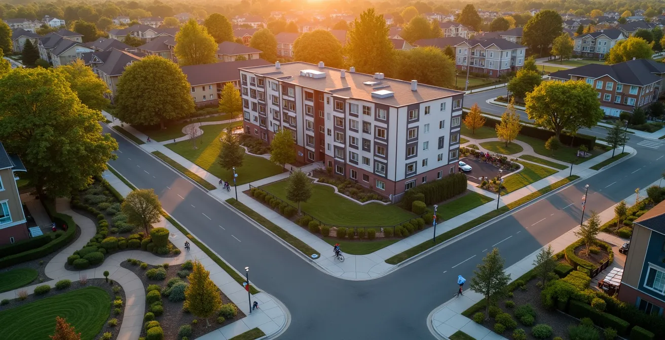 Aerial view of a neighborhood showing walkable amenities and community features that attract long-term tenants