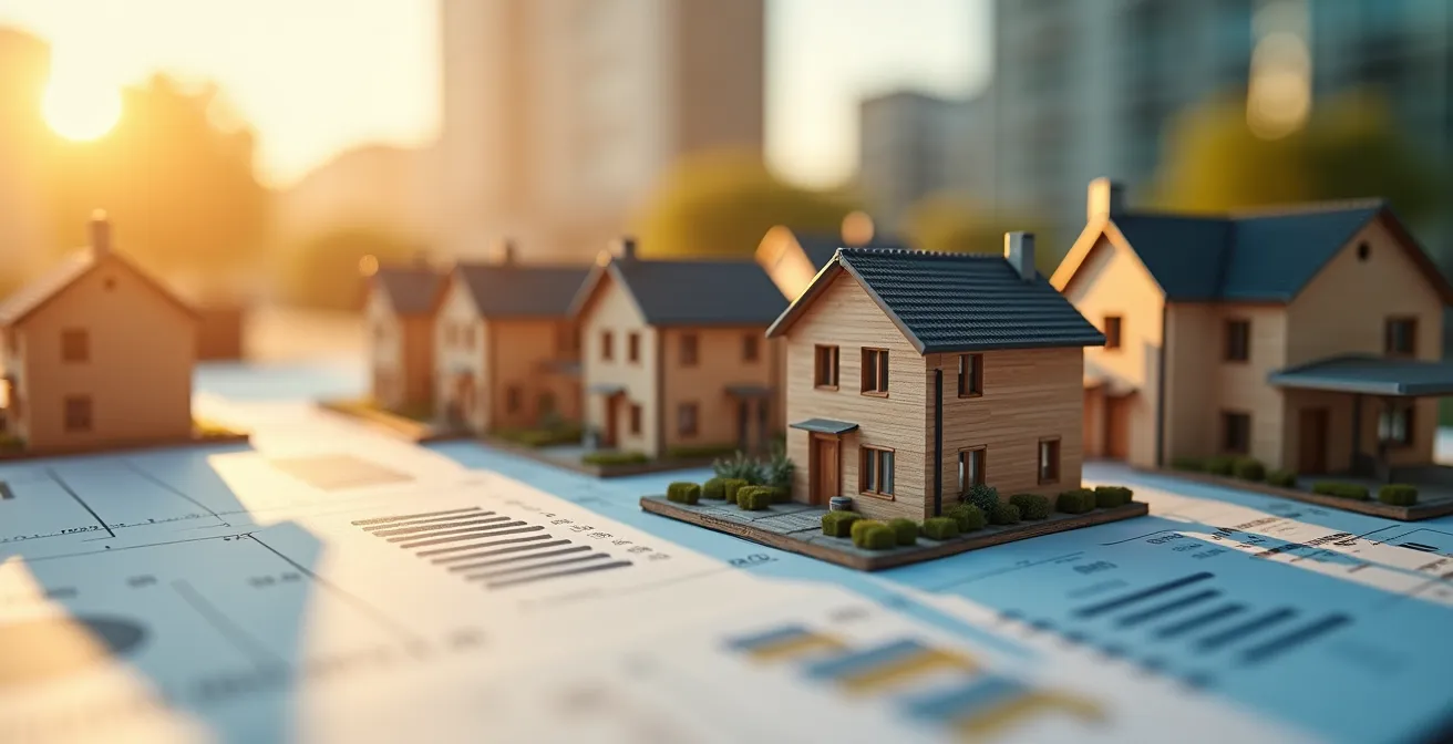 Real estate portfolio visualization with multiple property models and financial planning documents