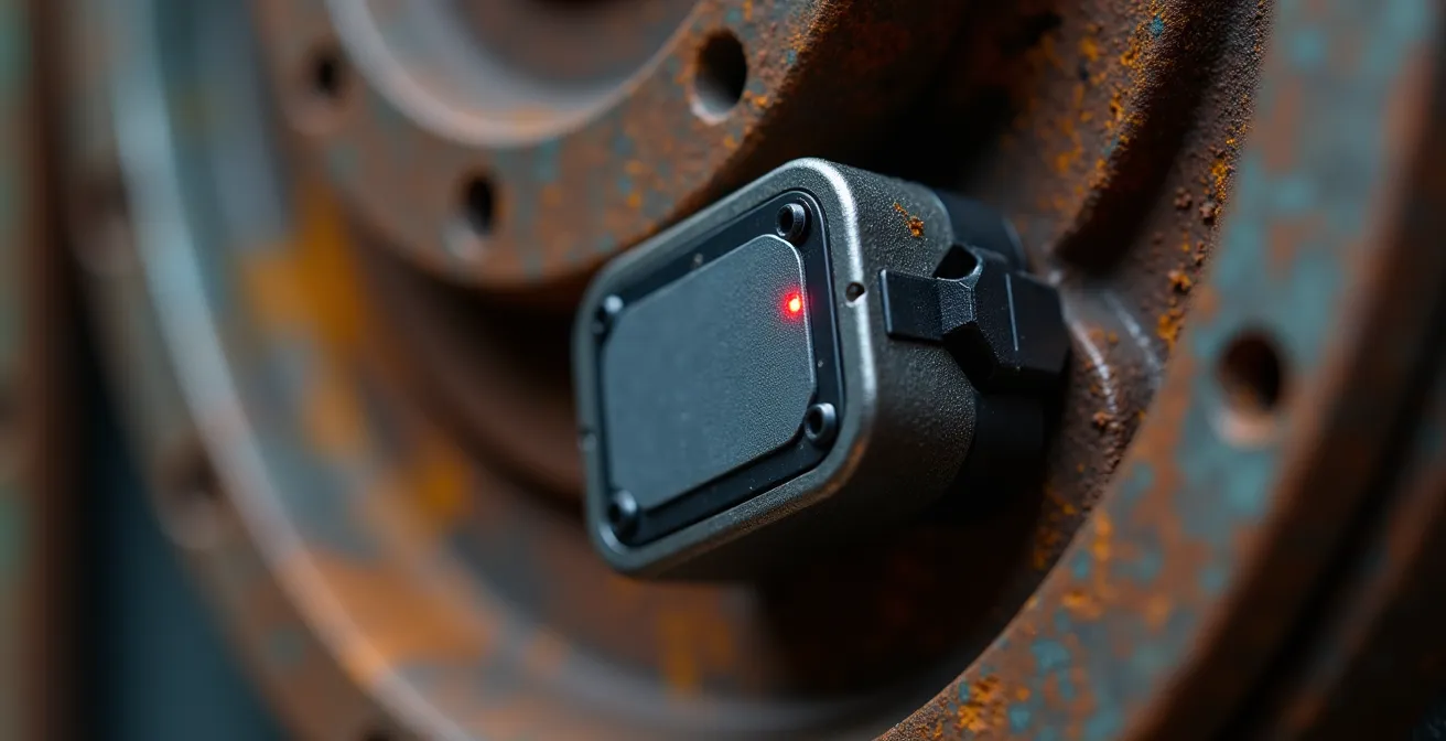 Extreme close-up of wireless IoT sensor mounted on vintage industrial machinery