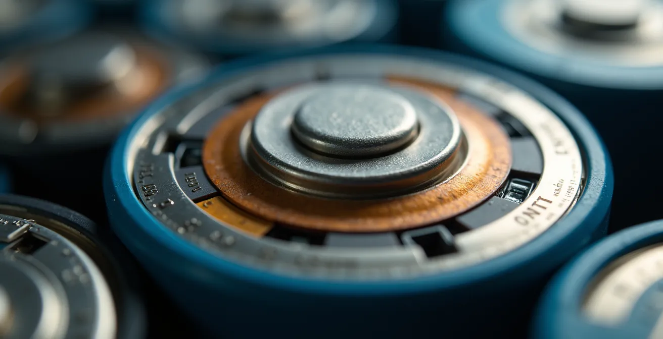 Close-up macro view of modern lithium battery cells showing technical construction details