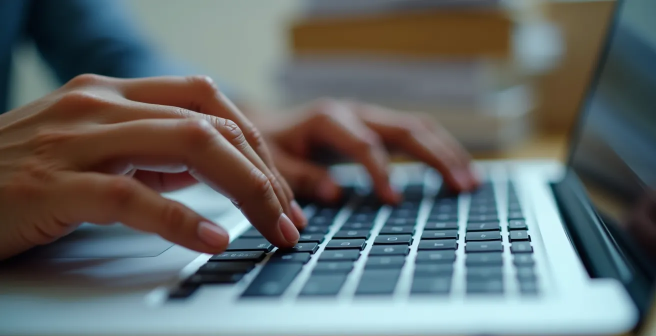 Close-up macro shot of hands on keyboard with abstract blurred logistics paperwork in background
