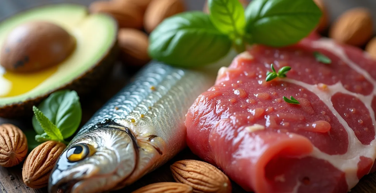 Artistic arrangement of Mediterranean and Paleo diet foods showing their impact on brain health