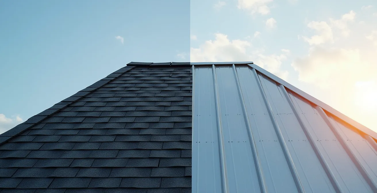 Side-by-side comparison of metal and asphalt roofing materials on residential home