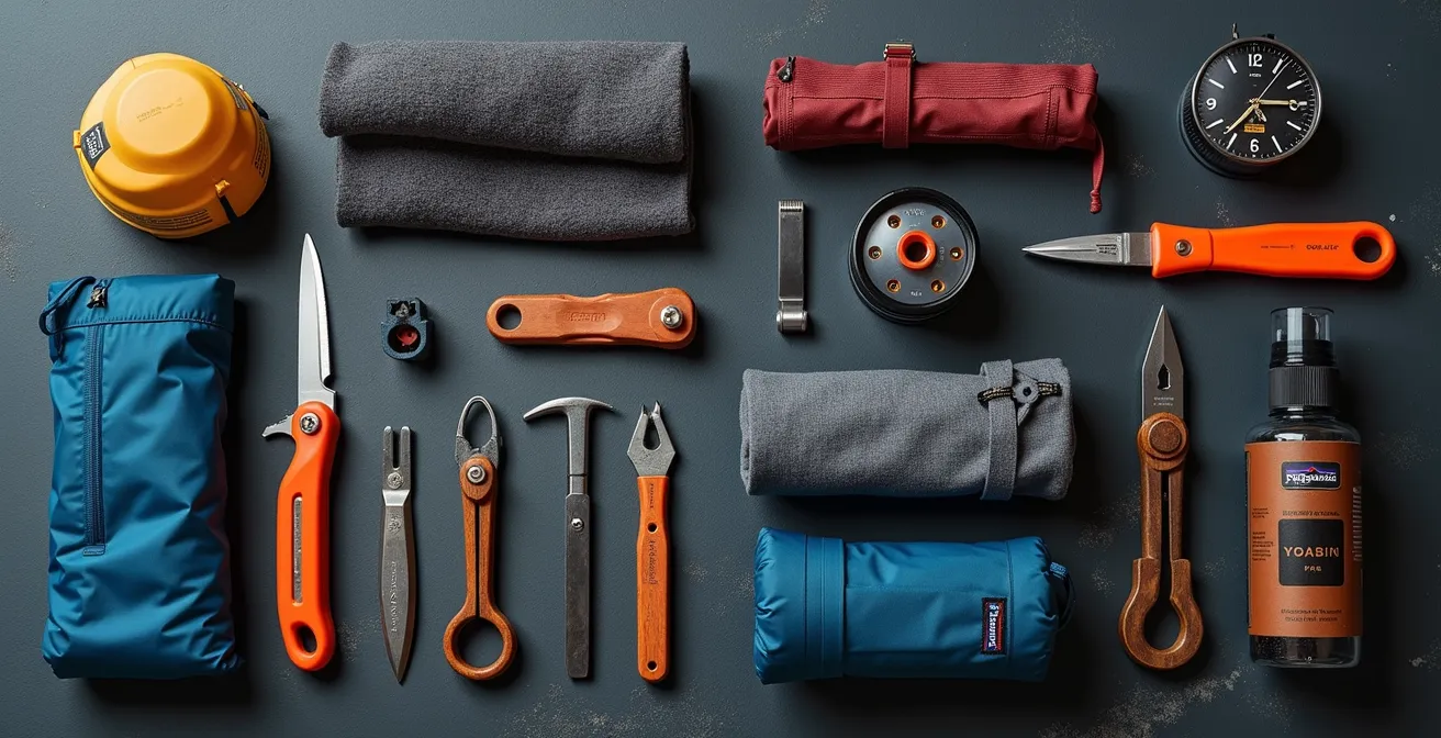 Organized outdoor gear laid flat showing modular packing system
