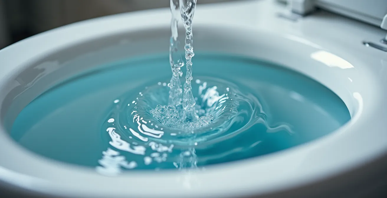 Close-up of modern low-flow toilet showing internal flush mechanism
