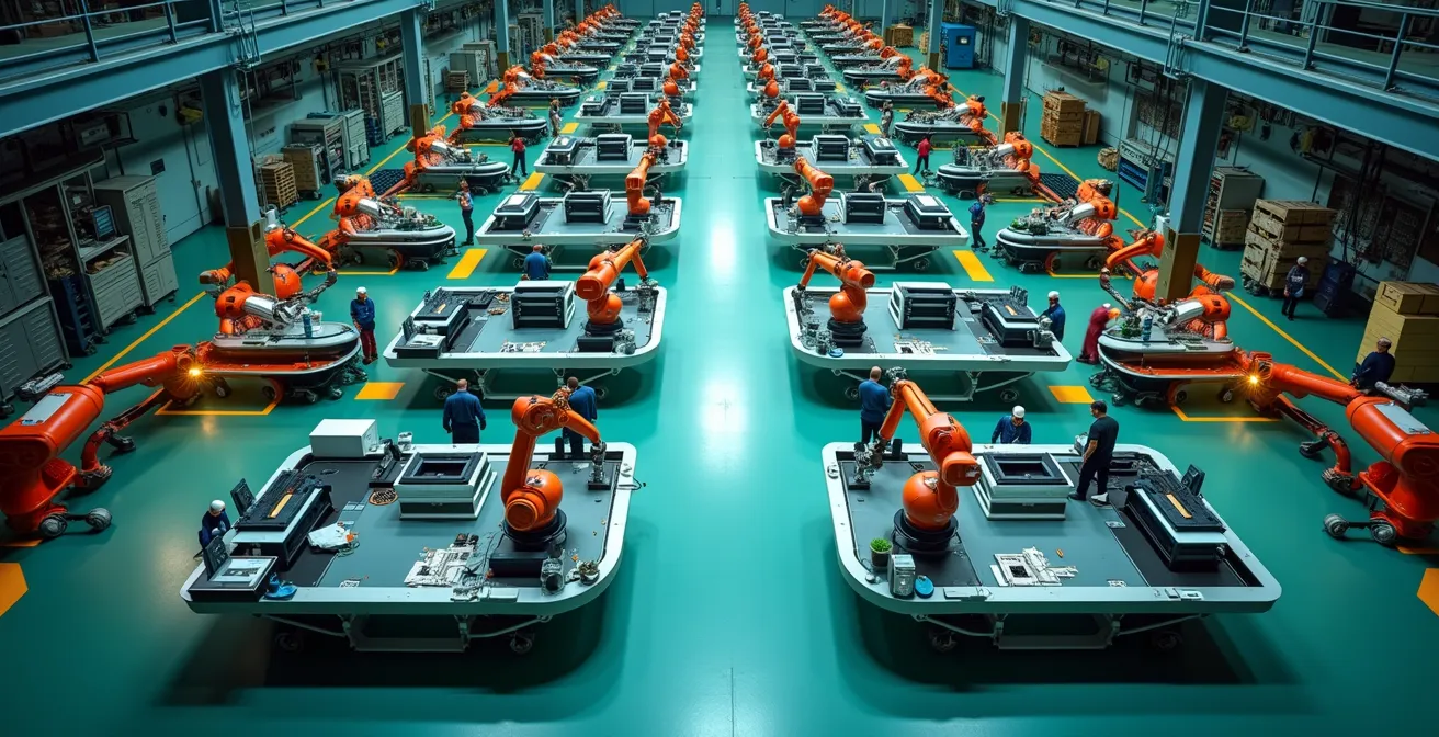 Aerial view of modular production cells in a flexible manufacturing environment