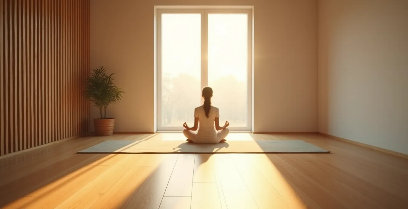 Split scene showing morning meditation by window with sunrise and evening practice in dimly lit bedroom