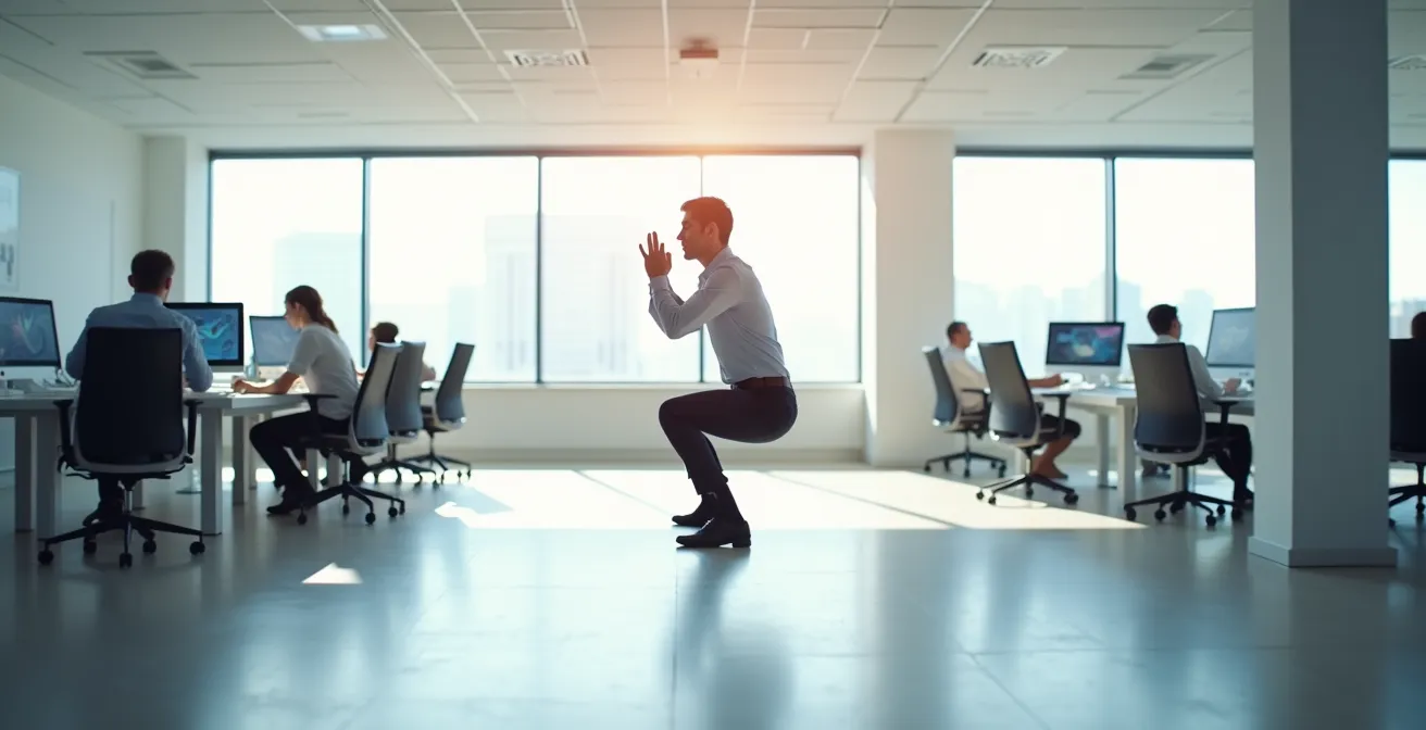 Professional performing quick bodyweight exercise in modern office space with natural light