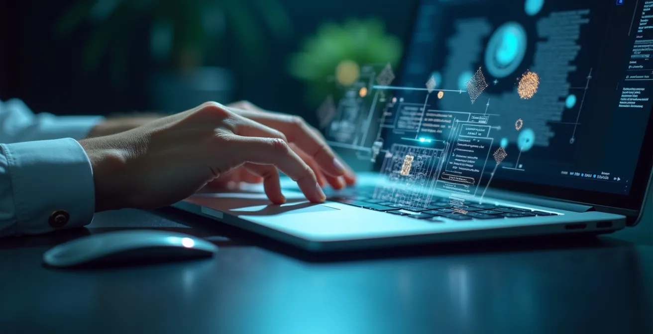 Close-up of hands working with AI-enhanced productivity tools in a modern workspace