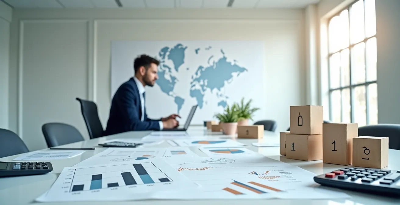 Financial analyst examining property depreciation schedules with calculator and spreadsheets