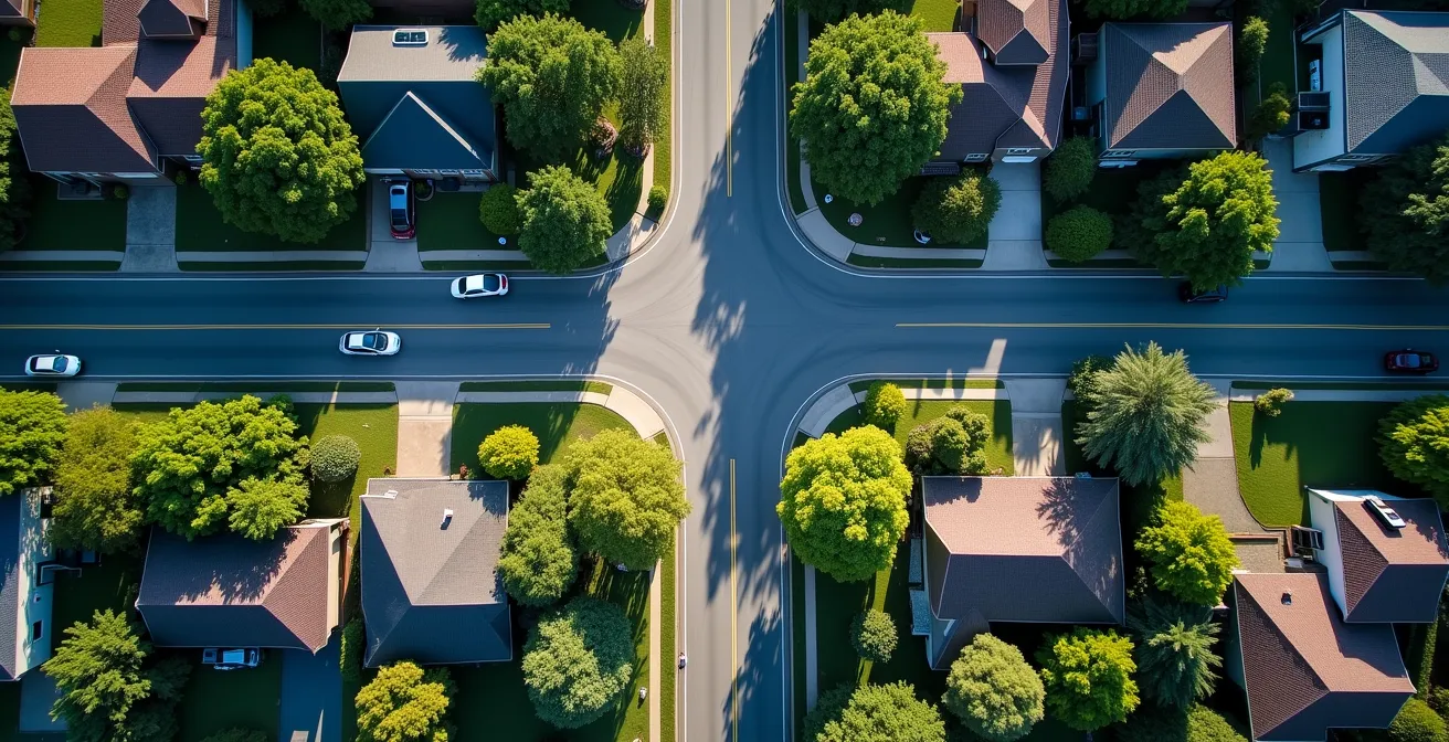 Aerial view of residential neighborhood with traffic overflow patterns visible