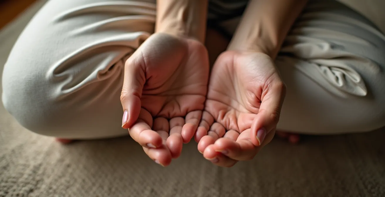 Close-up of hands resting gently on knees during meditation showing tactile anchor points