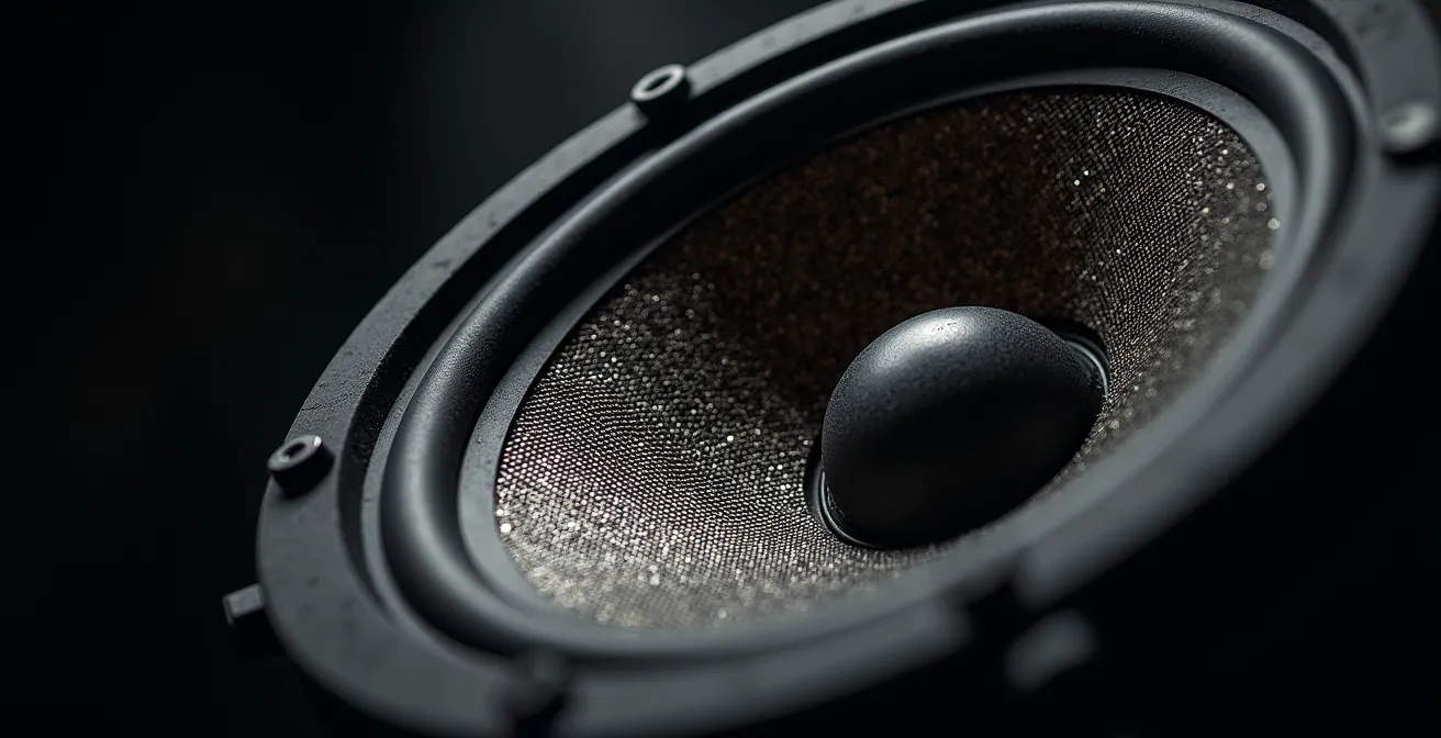 Extreme close-up of concert speaker cone with visible sound waves and vibrations