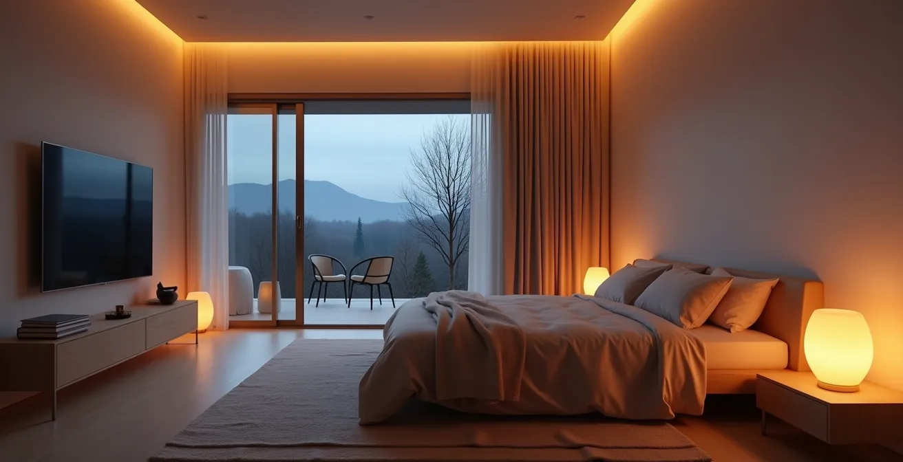 Tranquil bedroom environment designed for emotional restoration and peaceful sleep