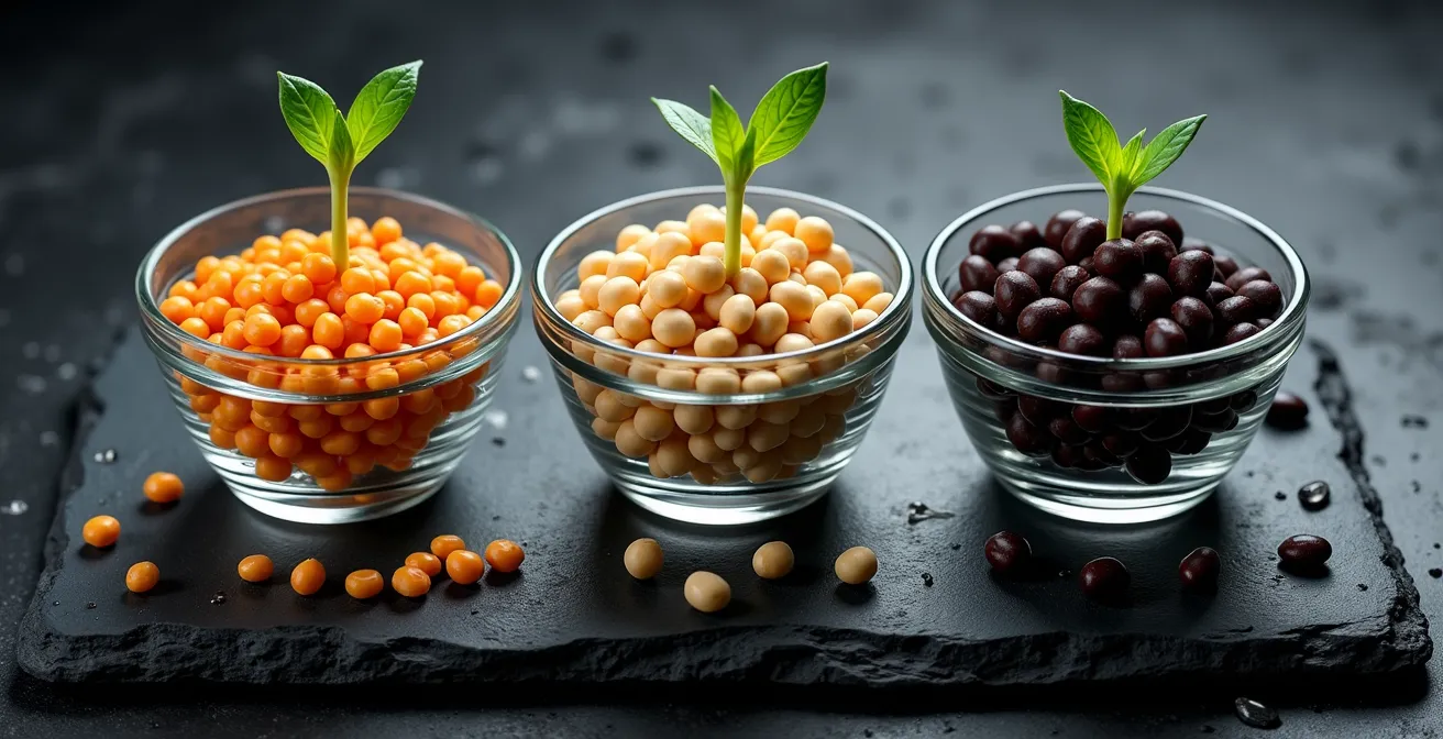 Various legumes soaking in glass bowls showing sprouting process