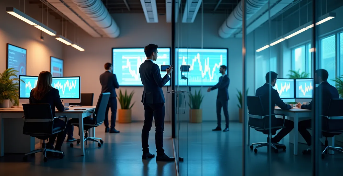Split-screen composition showing contrasting startup and corporate work environments